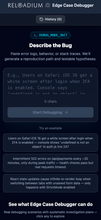 Edge Case Debugger mobile dark