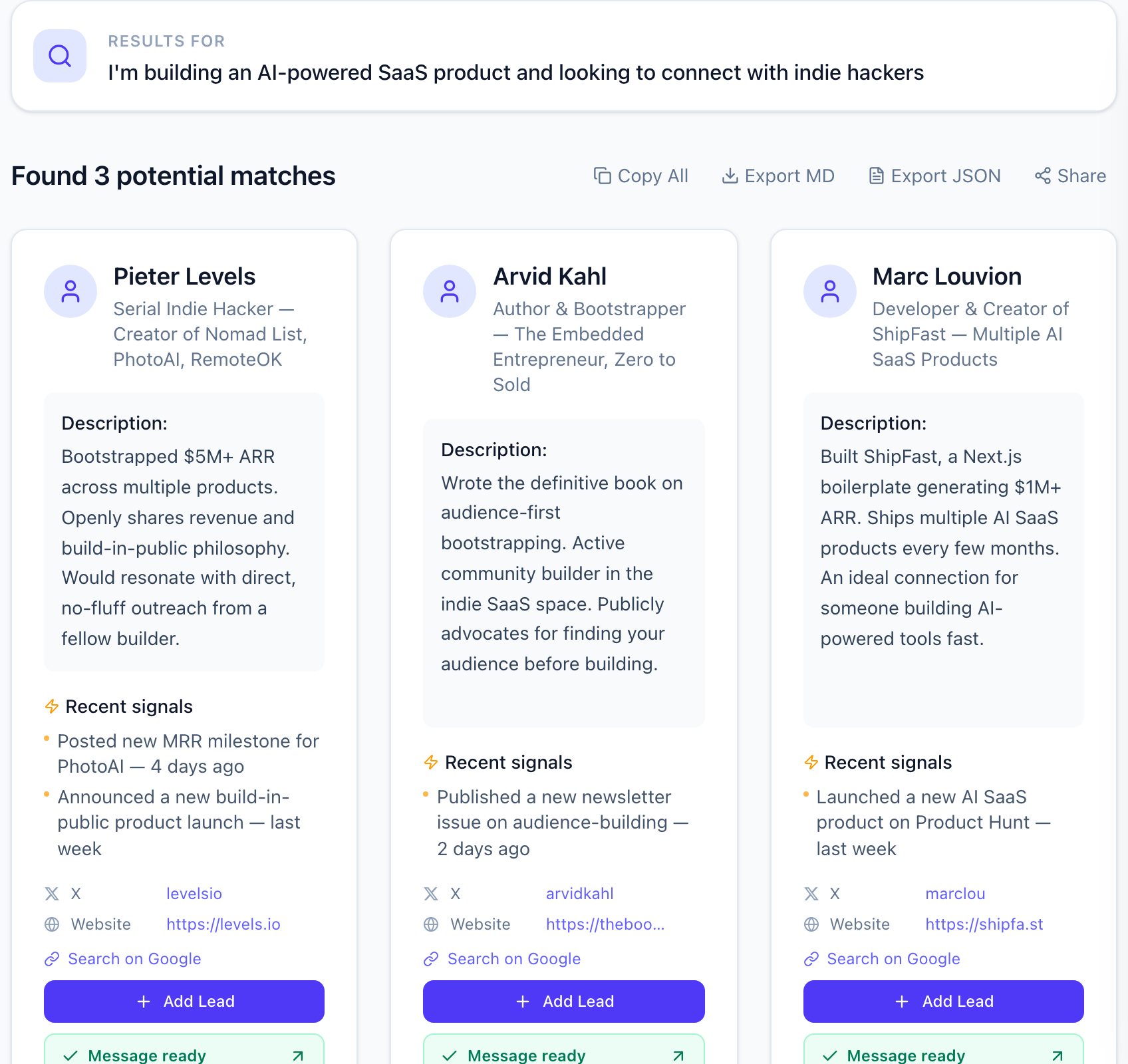 Search query with matched contact profiles