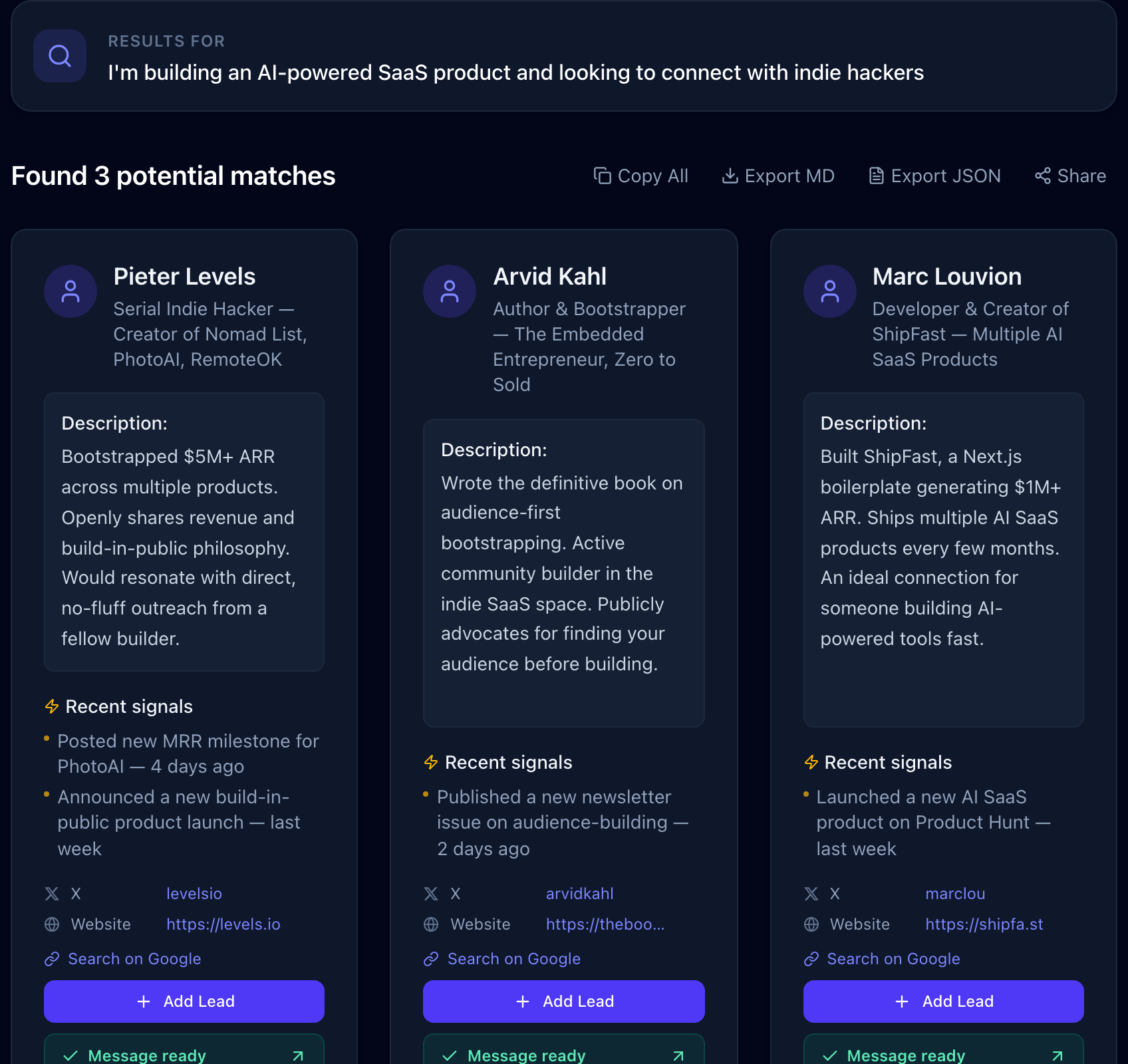 Search query with matched contact profiles