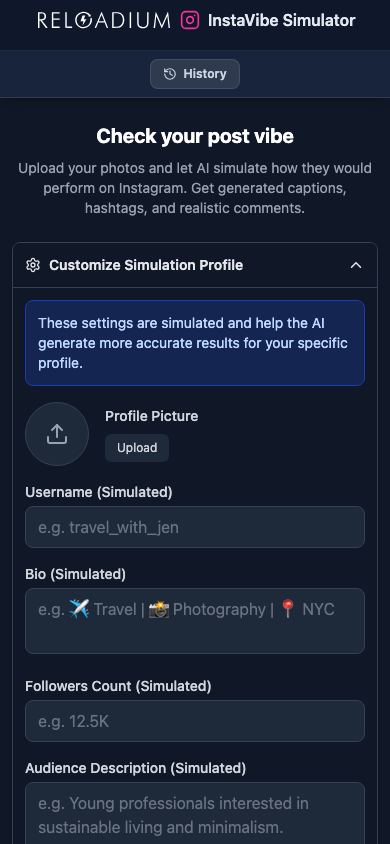 InstaVibe Simulator mobile dark