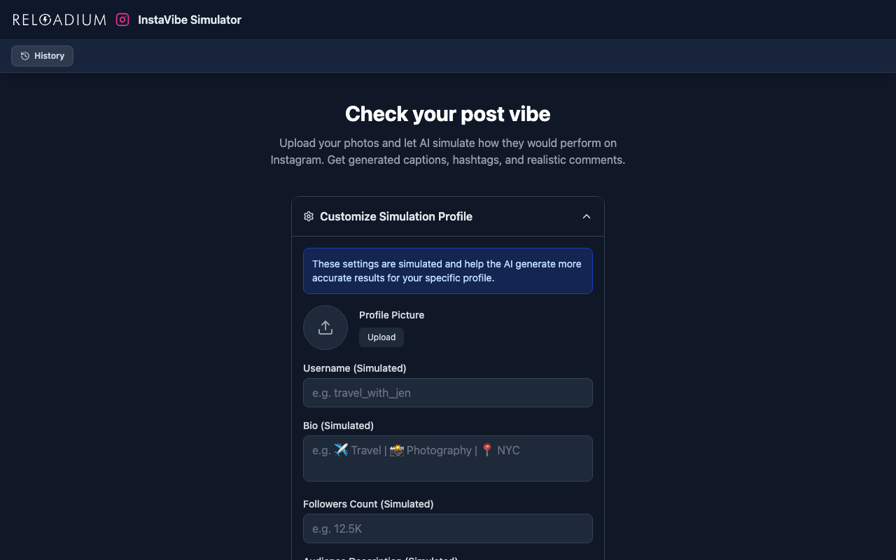 InstaVibe Simulator dark