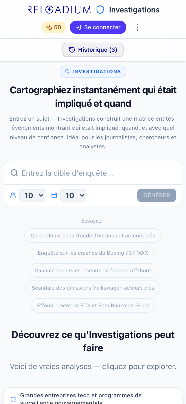 Screenshot of Reloadium Investigations on mobile (light)