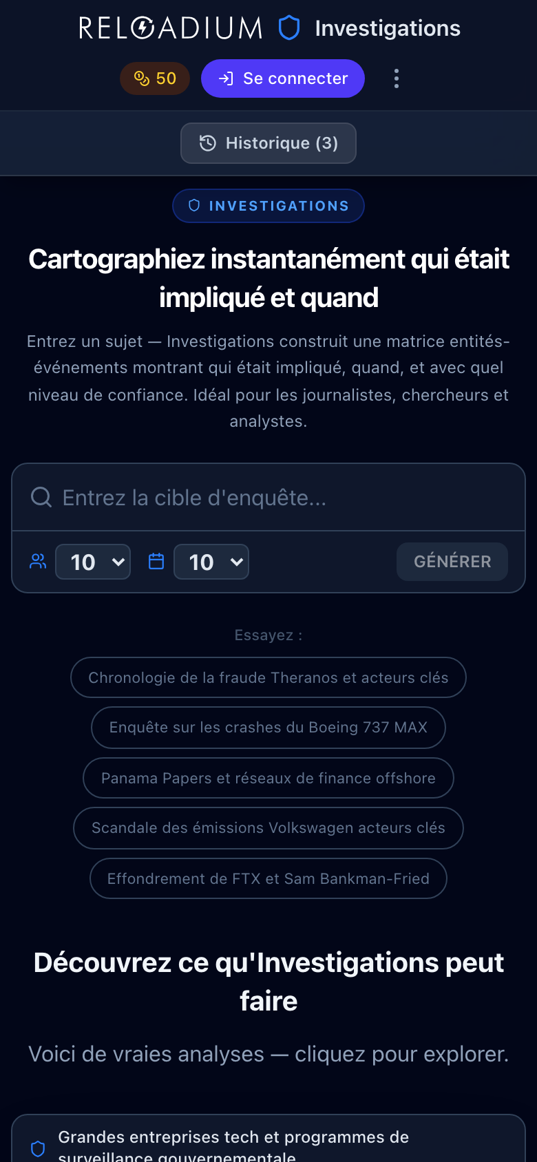 Screenshot of Reloadium Investigations on mobile