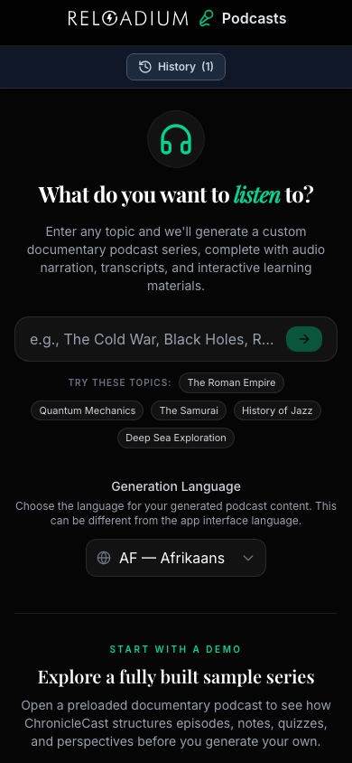 Reloadium Podcasts mobile dark