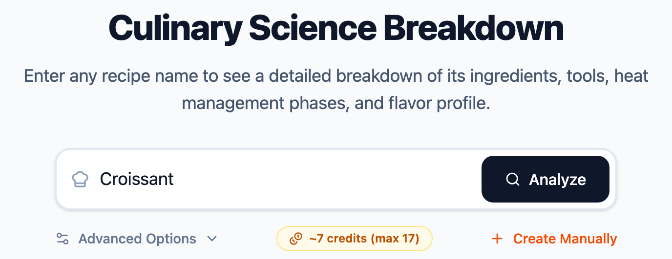 Recipe input section with search and advanced options