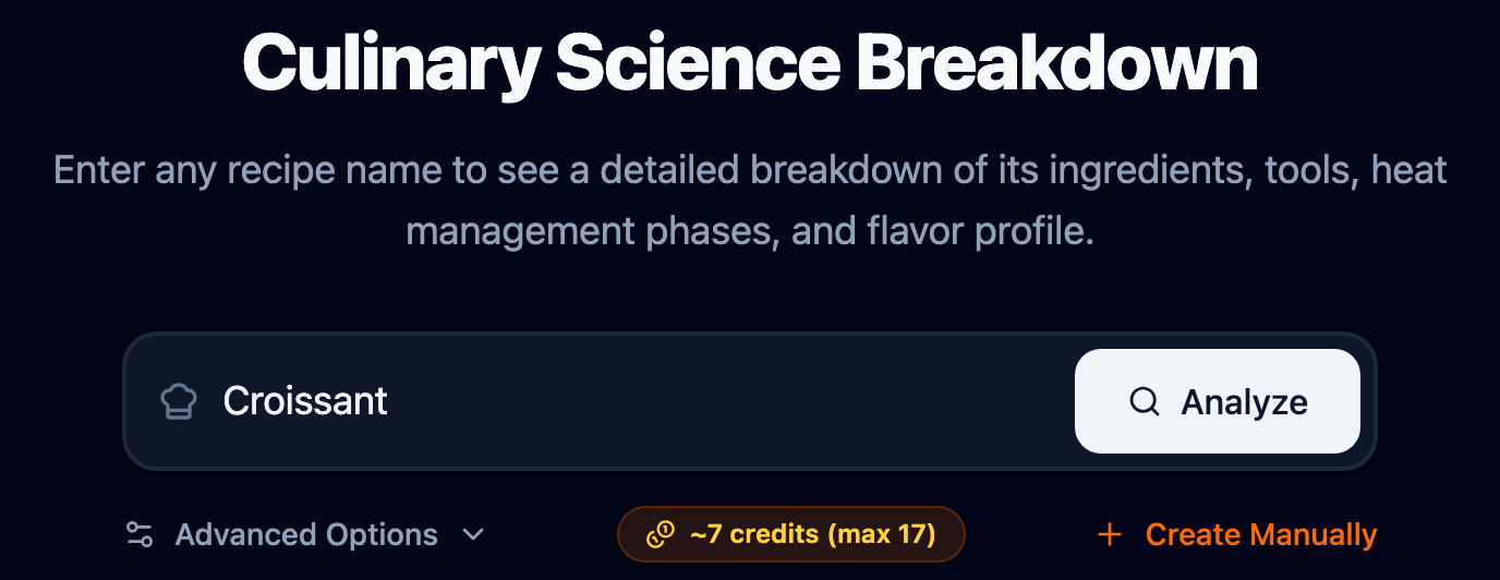 Recipe input section with search and advanced options