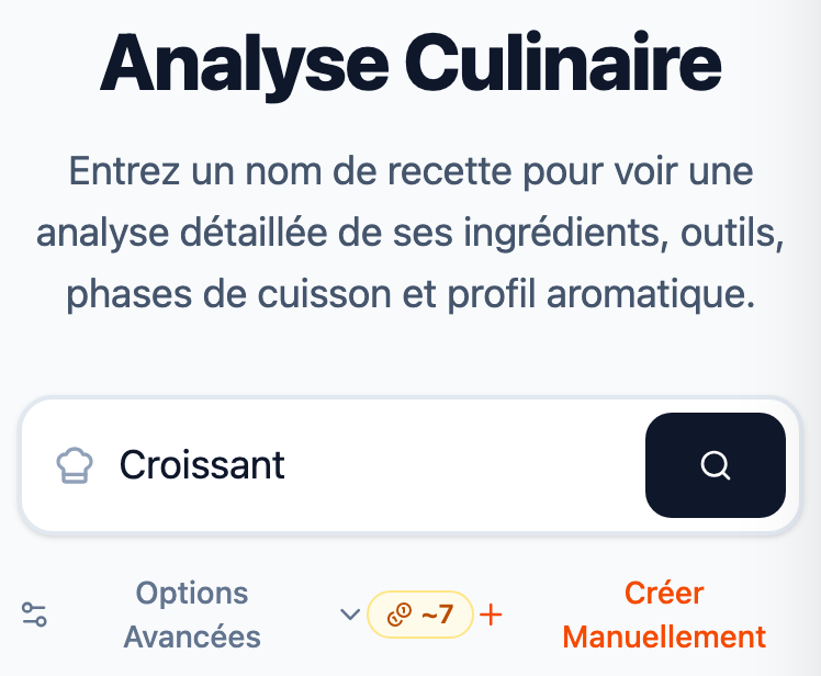 Recipe input section with search and advanced options