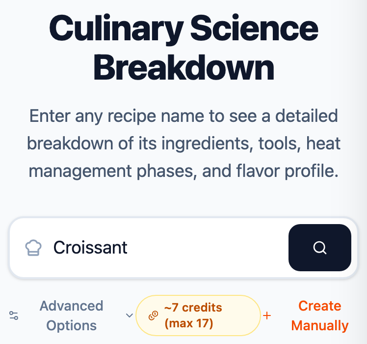 Recipe input section with search and advanced options