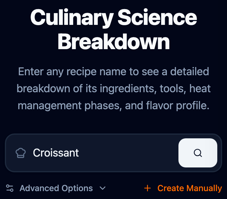Recipe input section with search and advanced options