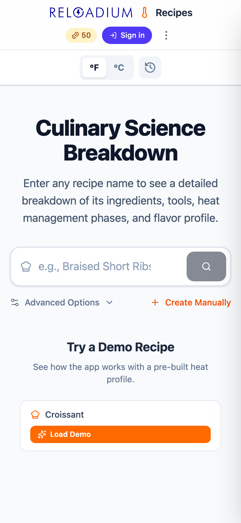 Screenshot of Reloadium Recipes on mobile (light)